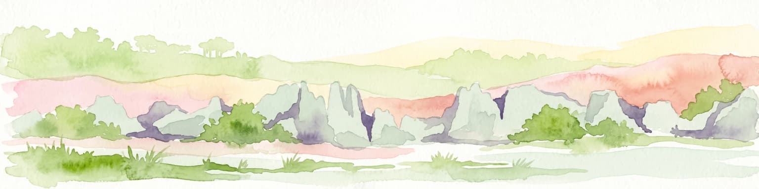 A watercolor landscape illustration depicting green bushes and grey, jagged rock formations under a soft pink and yellow sky.
