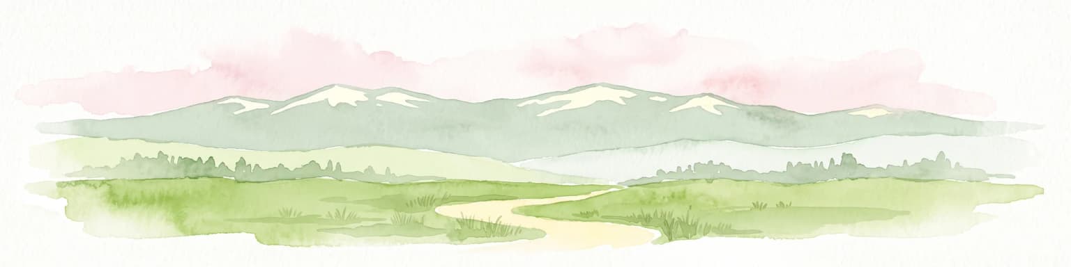 Ilustración en acuarela de un sendero serpenteante a través de un paisaje verde con montañas nevadas en la distancia contra un cielo rosado.