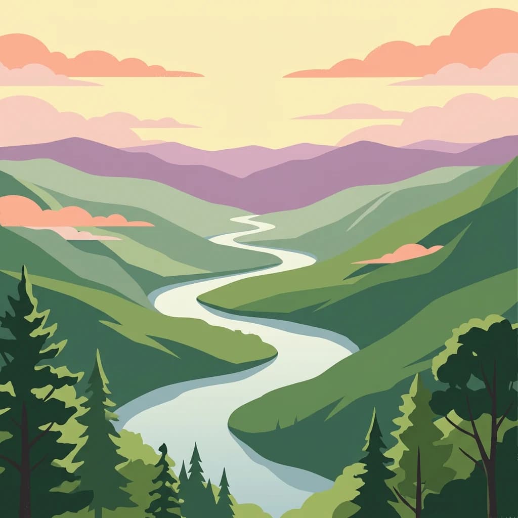 Stylized illustration of a winding river through green mountains and forests with pine trees in the foreground.