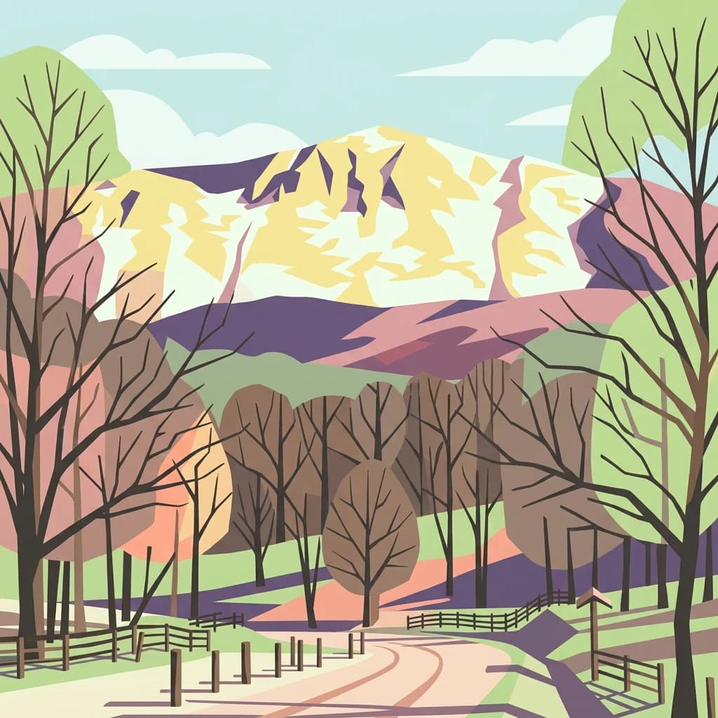 Stylized illustration of a snow-capped mountain range with bare trees, a dirt road, and wooden fences in a forested landscape