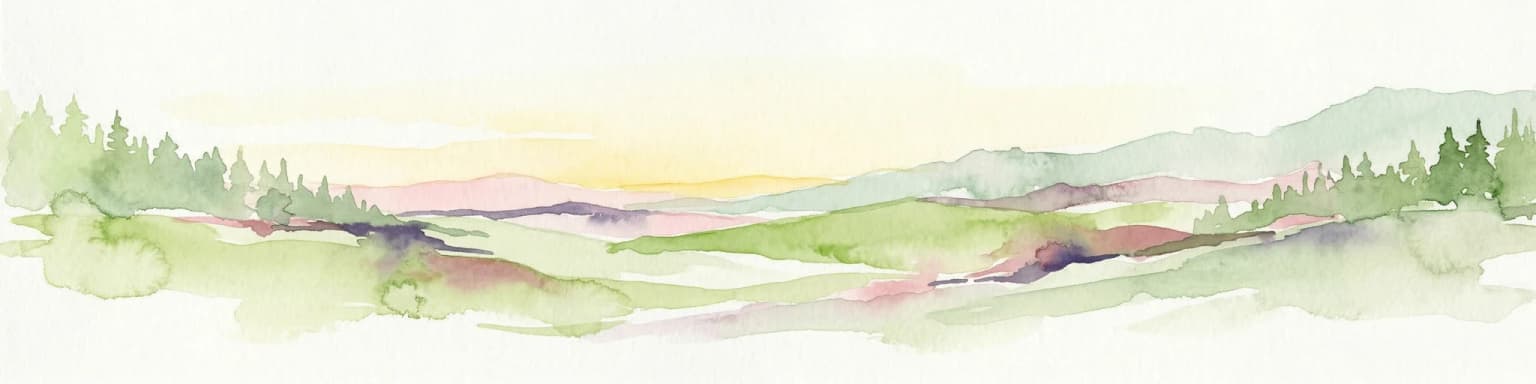 Watercolor illustration showing a landscape with mountains, green forests, and a river under a soft sky