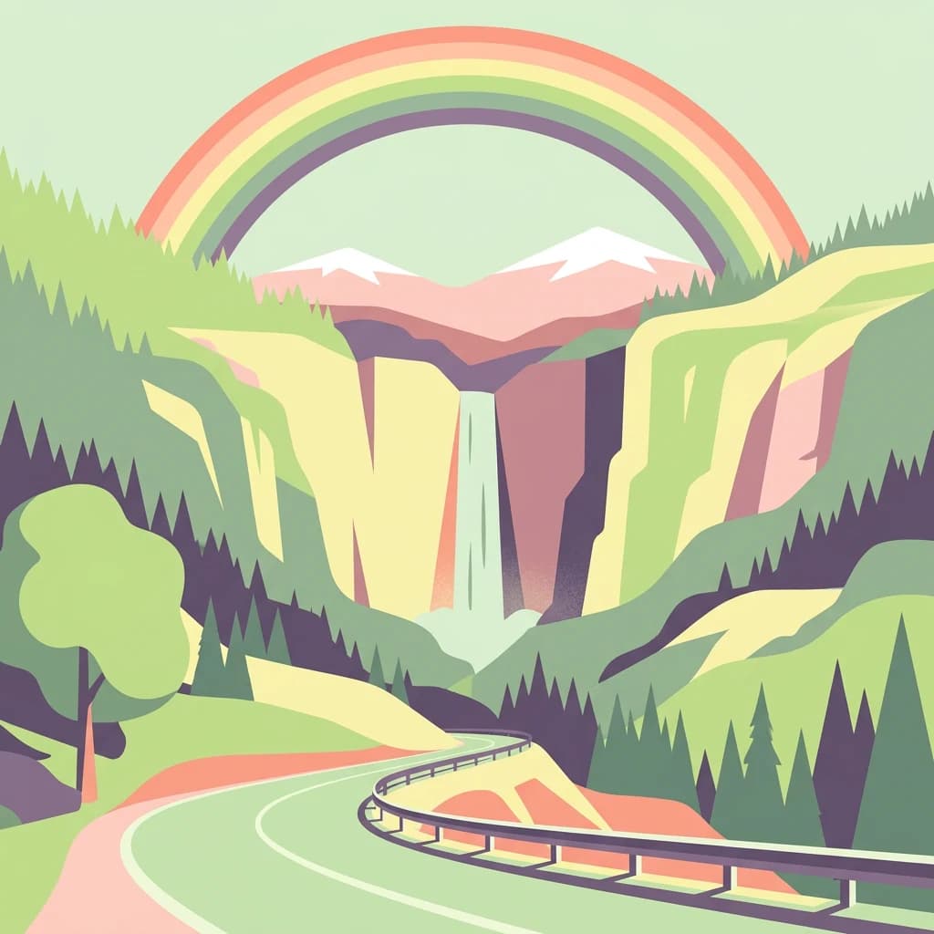 Stylized illustration of a rainbow over a waterfall in a mountainous landscape with forests and a winding road with guardrails