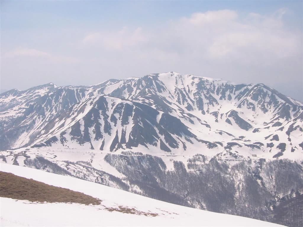 Snow-covered mountain peaks with rocky ridges under a partly cloudy sky