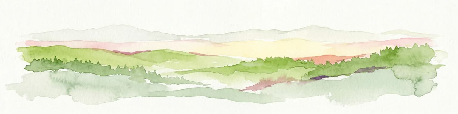 Watercolor painting of rolling green hills under a sunset sky with soft color transitions