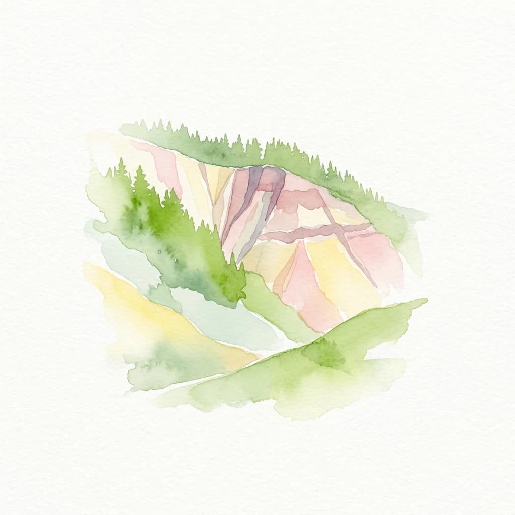 Watercolor painting showing colorful layered rock formations with green forested areas on slopes