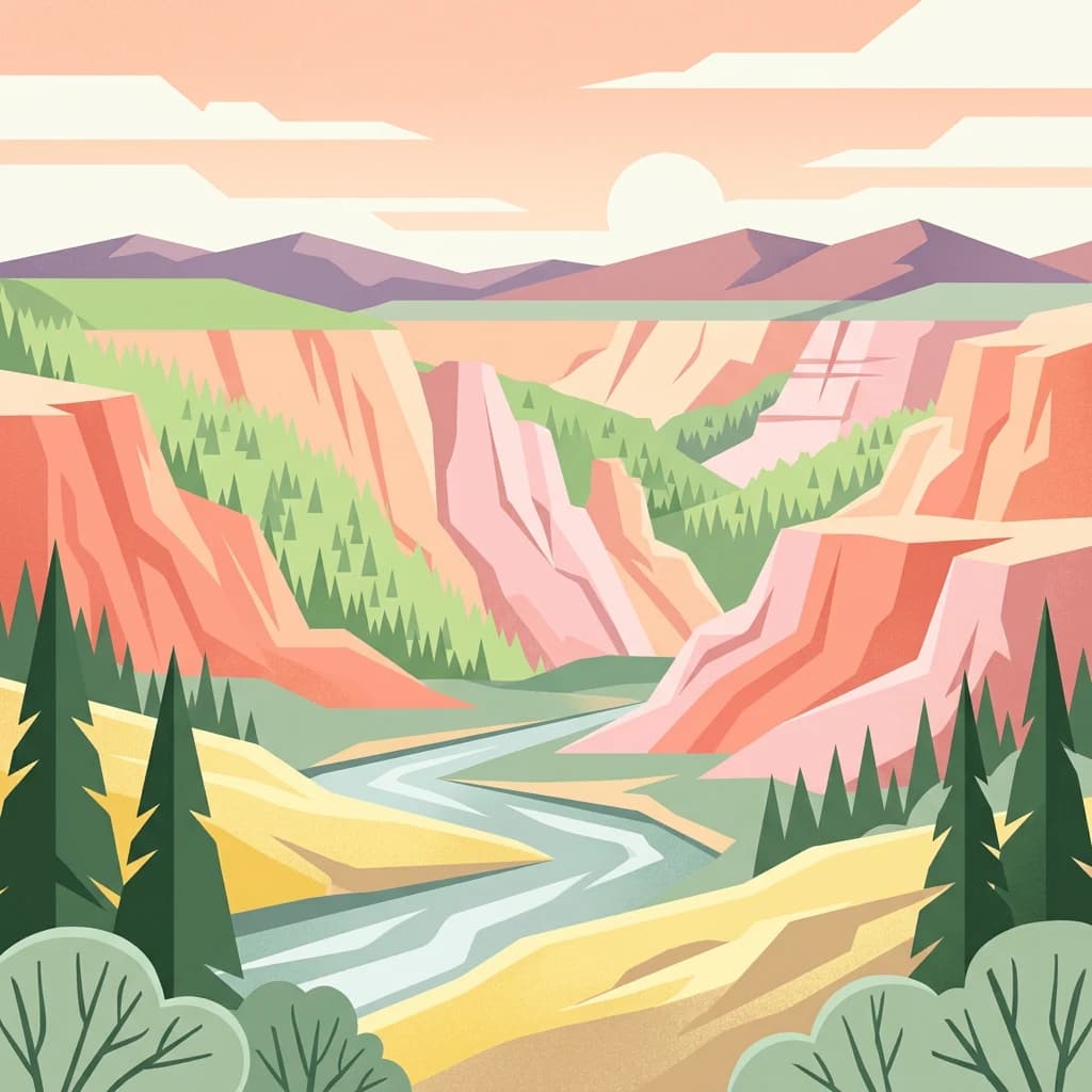Stylized illustration of a river flowing through a canyon landscape with mountains in the background and pine trees in the foreground
