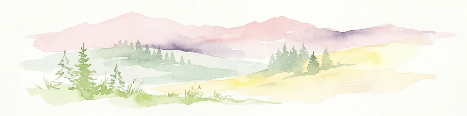 Watercolor painting showing a landscape with rolling hills, forests, and mountains in soft pastel colors.