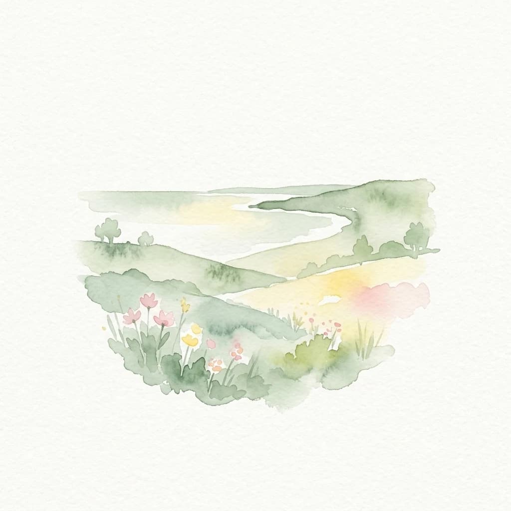 Watercolor illustration showing a coastal scene with pink and yellow wildflowers in the foreground, green rolling hills, and a body of water in the background