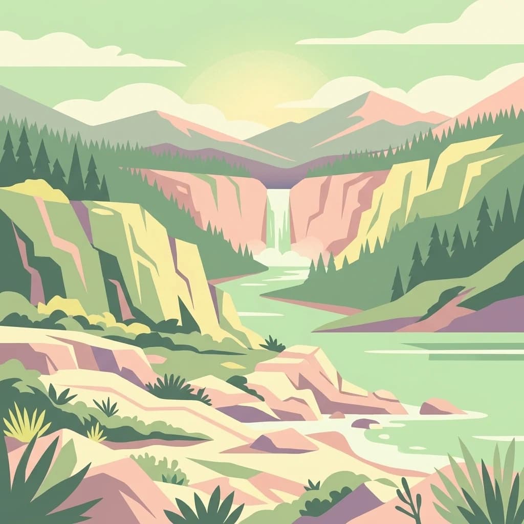 Stylized illustration showing a river flowing through a canyon with cliffs and mountains, featuring vegetation and a waterfall in the distance