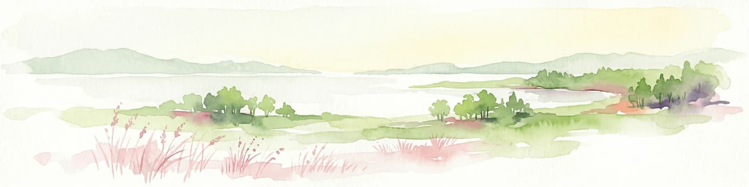 Watercolor illustration showing a coastal landscape with small islands, green vegetation, and calm water