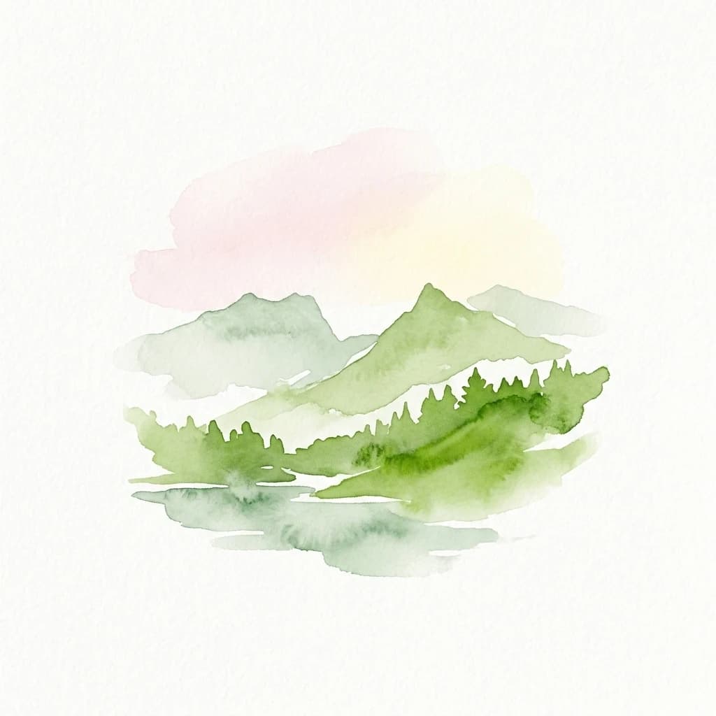 Watercolor illustration of green mountains with tree-covered slopes reflecting in calm water under a soft pink and yellow sky