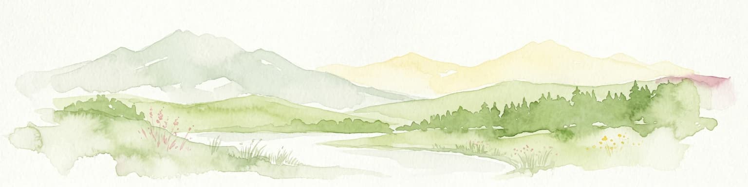 Pintura de acuarela que representa montañas, bosques, una masa de agua y colinas distantes