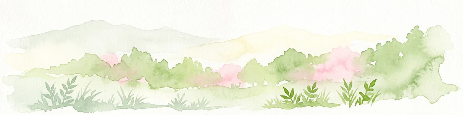 A soft watercolor illustration of a landscape with green trees, pink flowering bushes, and small plants against a pale, distant hilly background.