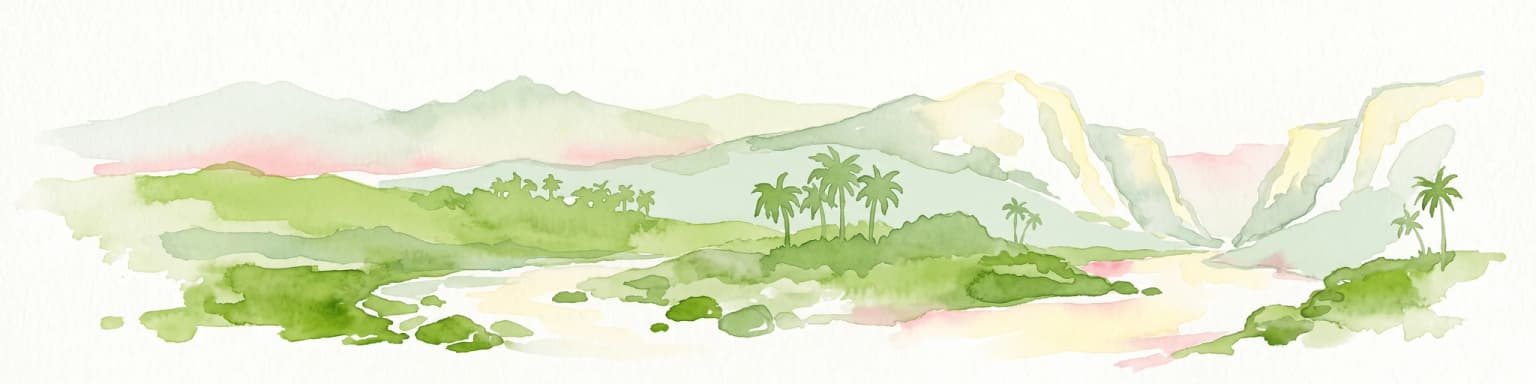 Una pintura horizontal en acuarela que muestra un paisaje montañoso suave con colinas verdes y apacibles, un pequeño valle y varias palmeras, sobre un fondo claro y neutro.