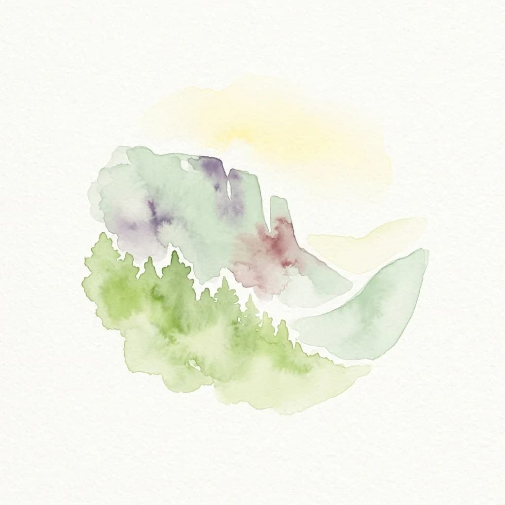 Ilustración de acuarela con formas abstractas verdes, moradas y amarillas sobre un fondo blanco