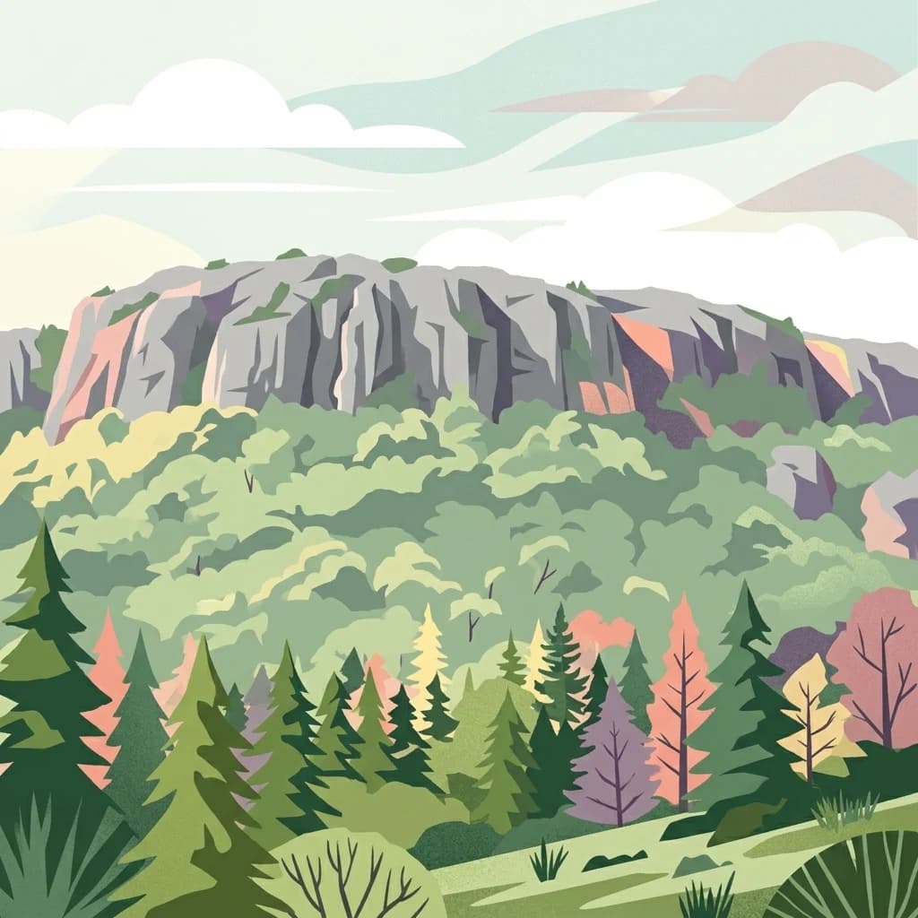 Ilustración estilizada de una montaña con colinas boscosas y acantilados rocosos bajo un cielo parcialmente nublado