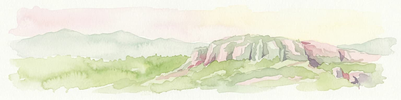 Watercolor painting showing a hill with green landscape and distant mountains