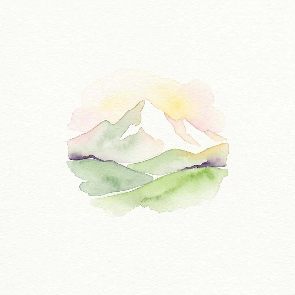 Watercolor illustration of mountain peaks with green and purple terrain under a pink and yellow sunset sky