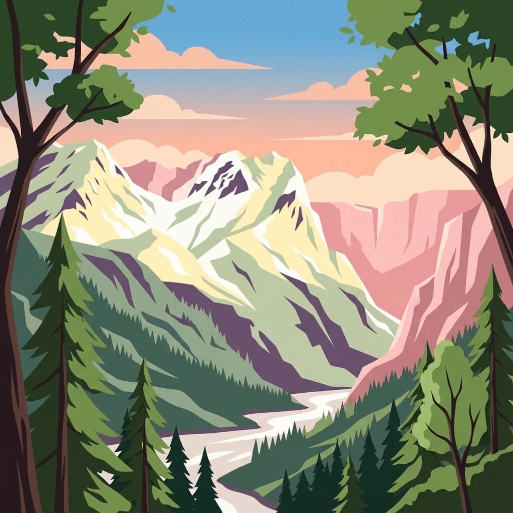 Illustrated mountain range with snow-capped peaks, river valley, and coniferous forest in foreground