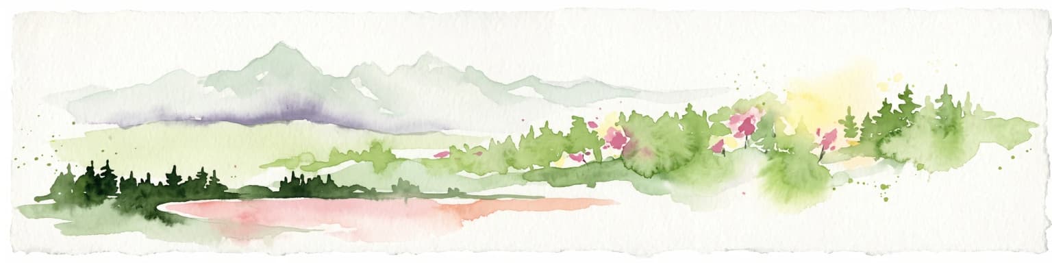 A horizontal watercolor painting showing a range of light-colored, jagged mountain peaks in the background with a green coniferous forest and a small body of water in the foreground.