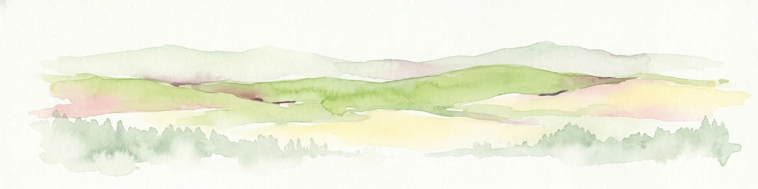 Watercolor illustration showing rolling hills, greenery, and distant mountains under a light sky.