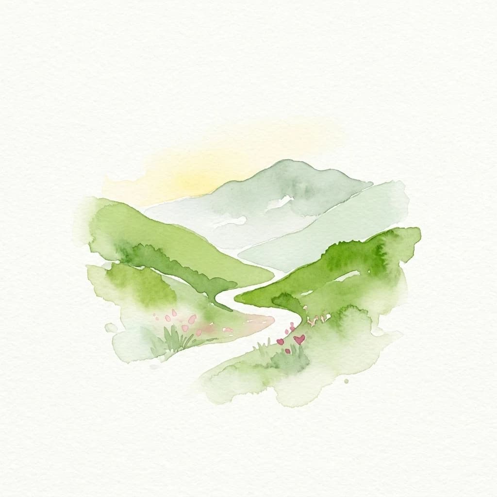 Watercolor illustration of green rolling hills, a winding path, distant mountains, and small flowers