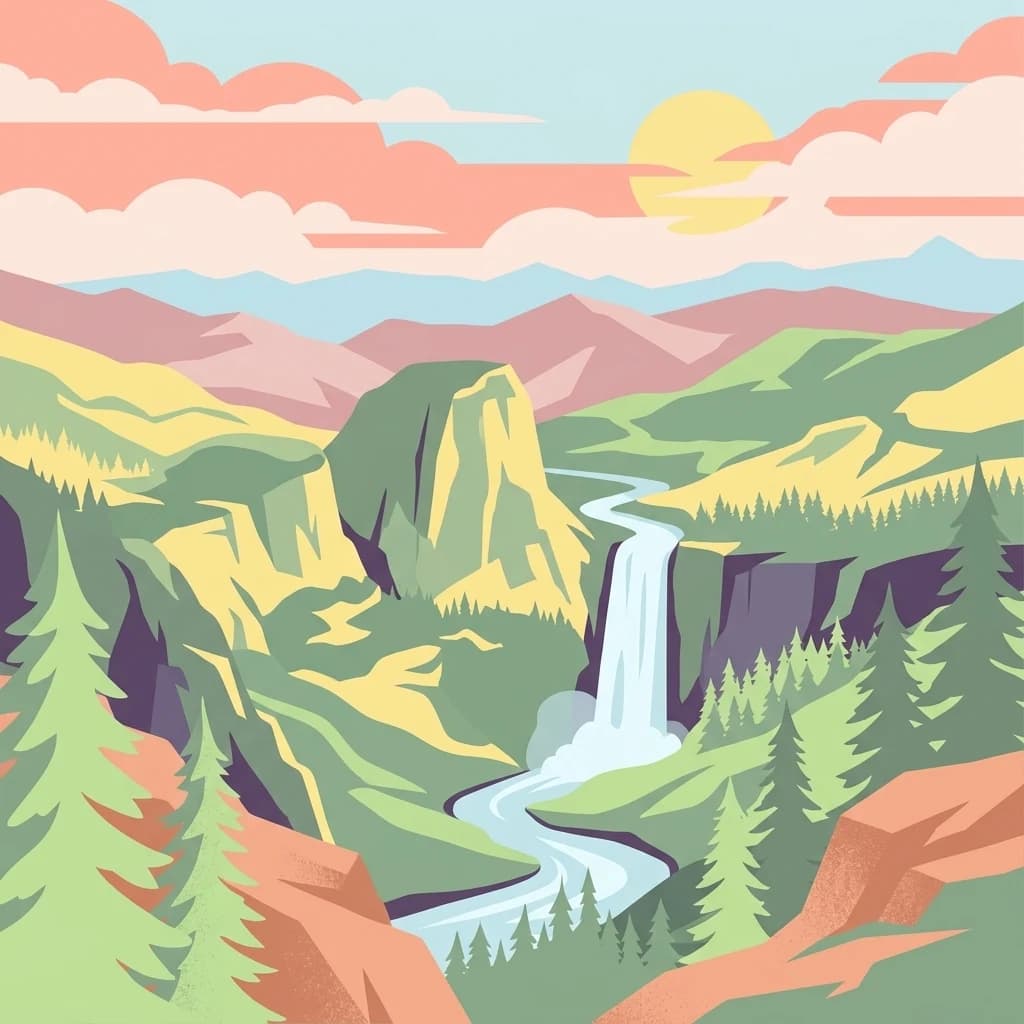 Stylized illustration of a mountain landscape featuring a waterfall, forest, and river under a sunset sky