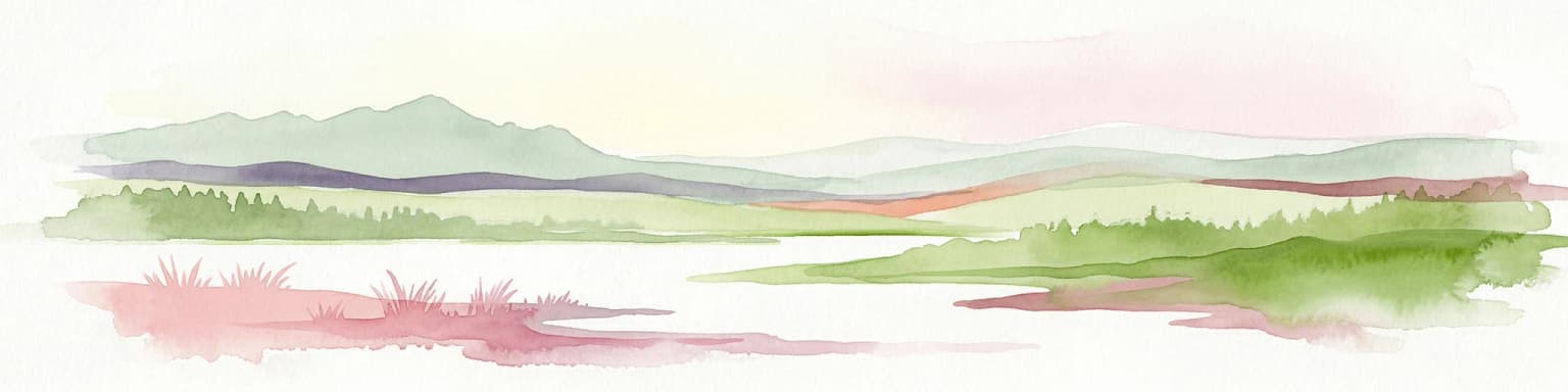Watercolor painting showing layered mountains, green valleys, and a river