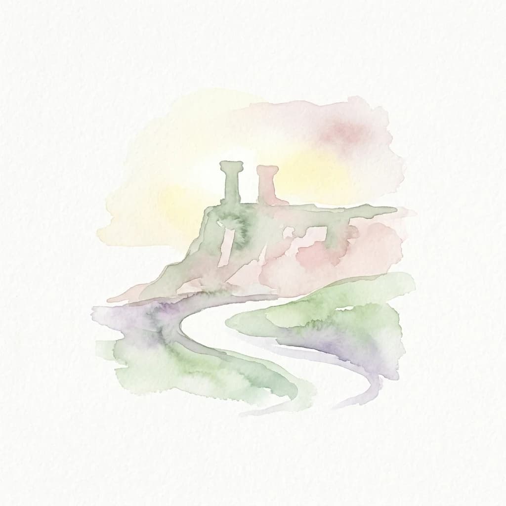 Ilustración de acuarela de antiguas ruinas de piedra con dos torres sobre un acantilado con vistas a un camino sinuoso