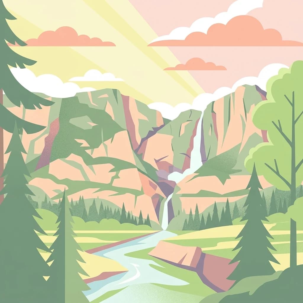 Ilustración estilizada que muestra montañas, cascada, río y pinos bajo un cielo con nubes