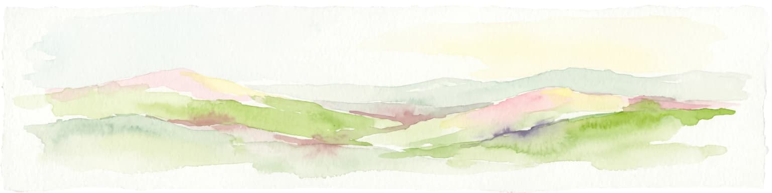 Watercolor painting of rolling hills with pink, green, and purple hues