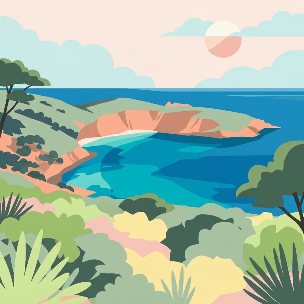 Illustration of a coastal bay with rocky cliffs, turquoise water, green vegetation, and a sun in the sky