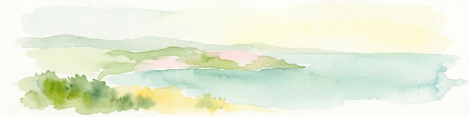 Watercolor illustration of a coastal landscape with green hills, shoreline, and blue sea under a pale yellow sky