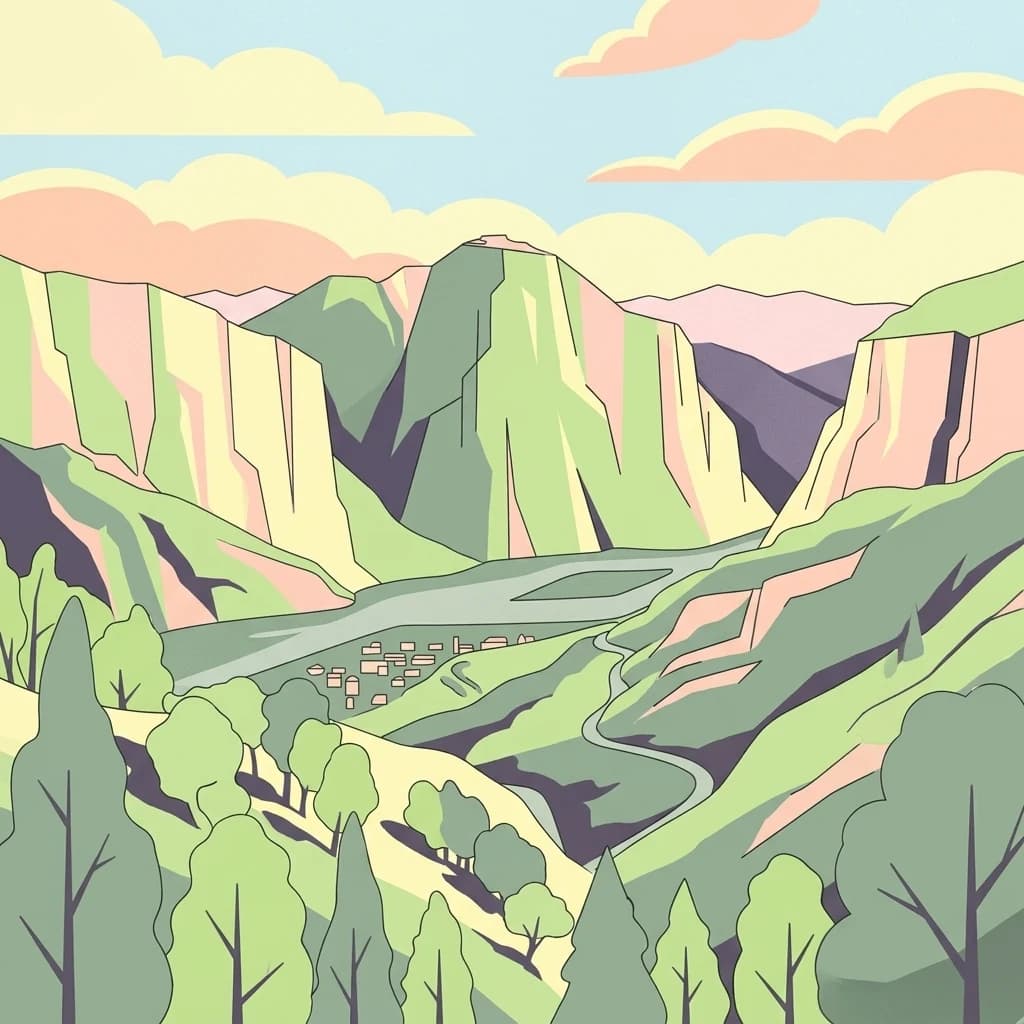 Stylized illustration of a mountainous valley with green hills, winding river, and scattered trees under a sky with clouds