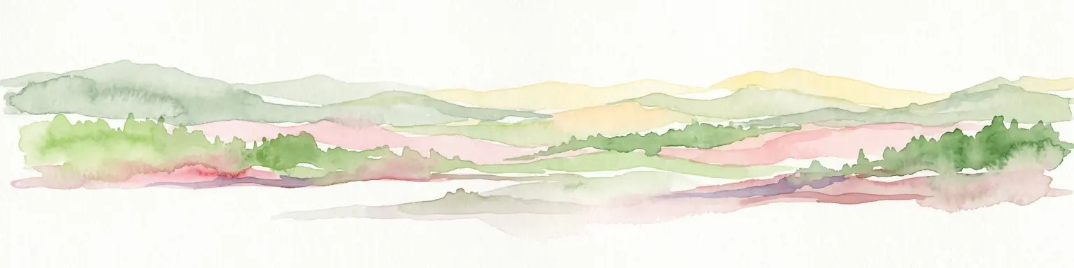 A watercolor painting of soft, layered hills in shades of green, yellow, and muted pink against a white background.
