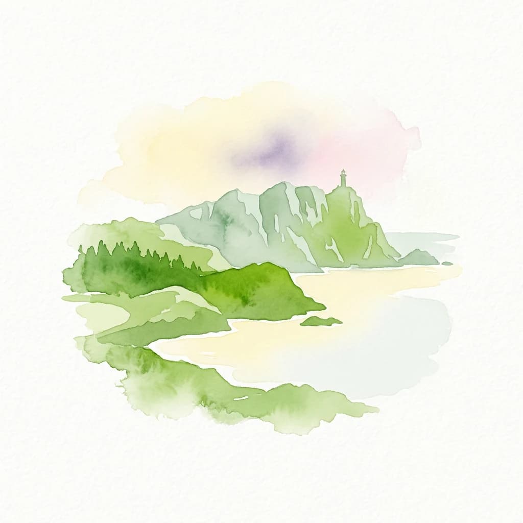 Watercolor illustration of a coastal landscape featuring green hills, a body of water, mountains, and a small tower on a peak.