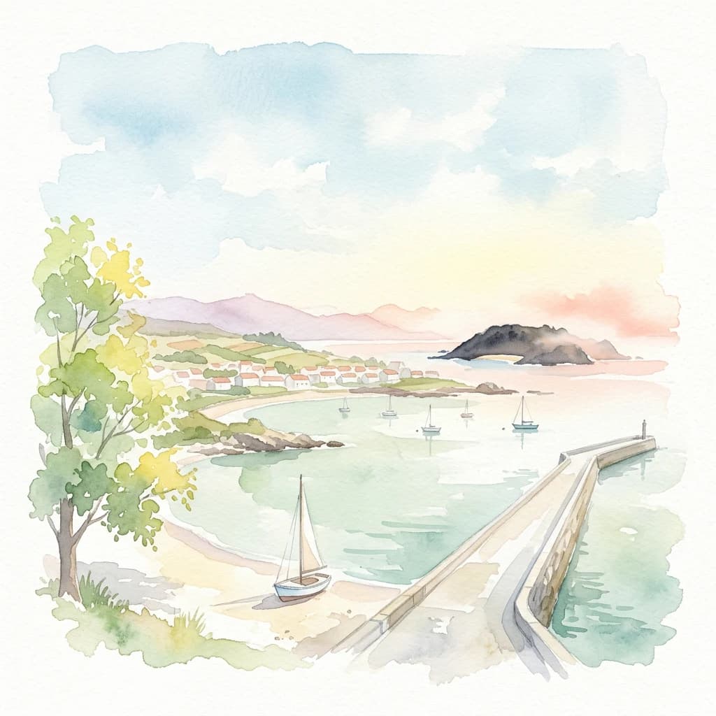 Watercolor painting showing a coastal scene with a pier extending into water, sailboat, trees, and distant islands under a partly cloudy sky