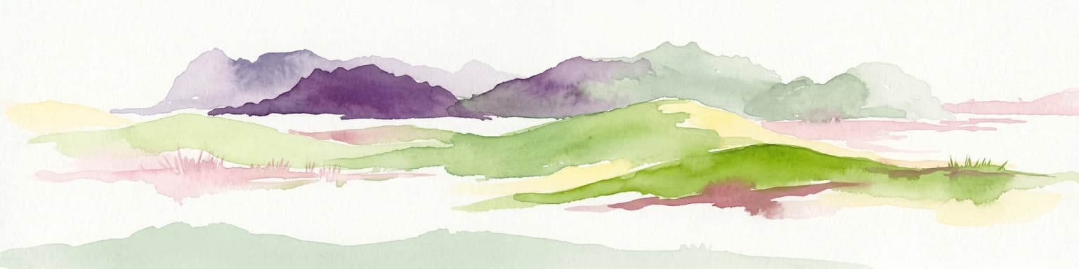 Watercolor illustration of rolling green hills and distant purple mountains under a light sky