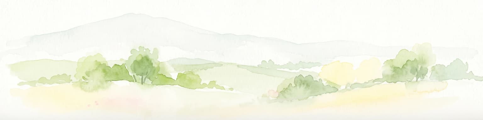 A pale watercolor painting showing a rolling landscape with soft green hills, scattered trees, and a hazy mountain silhouette against a white background.
