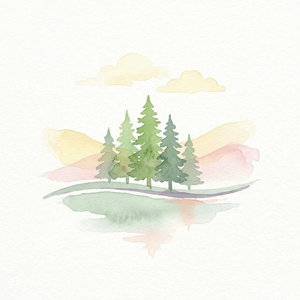 Watercolor artwork depicting pine trees on a small landmass surrounded by water with reflections and light-colored clouds above