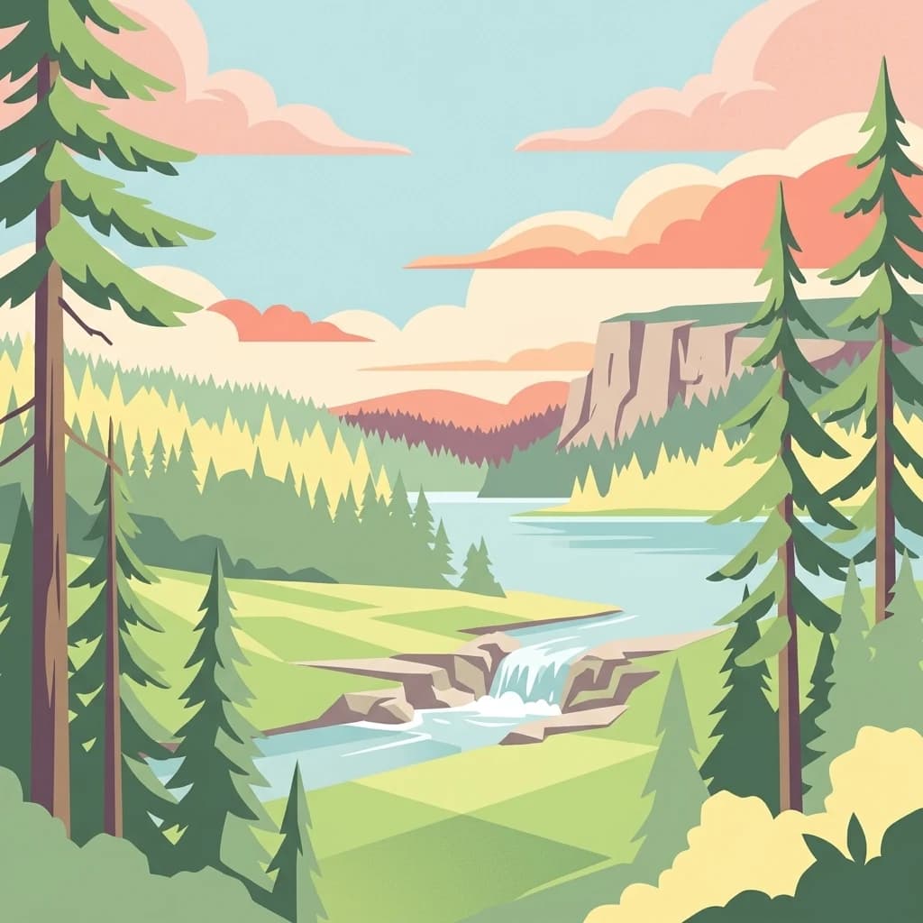 Illustrated landscape scene featuring a river with waterfall, pine trees, rolling hills, and colorful sky