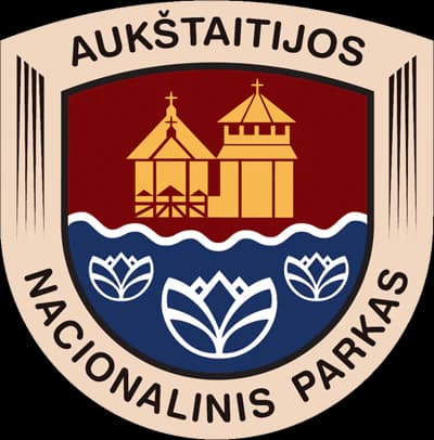 Emblem of Aukštaitija National Park with two yellow buildings on red background, blue water line, and three white flowers