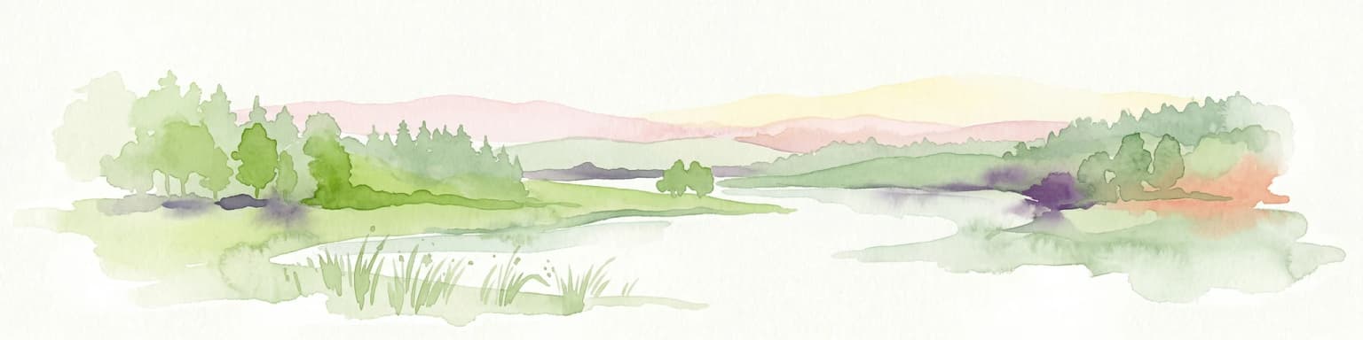 Pintura de acuarela de un lago rodeado de árboles con un cielo al atardecer