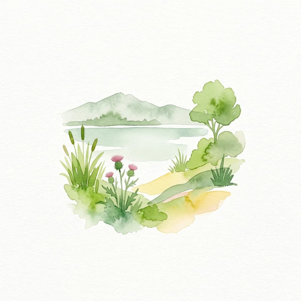 Watercolor illustration of a wetland landscape with tall grasses, pink thistles, a small tree, and distant mountains reflected in calm water.