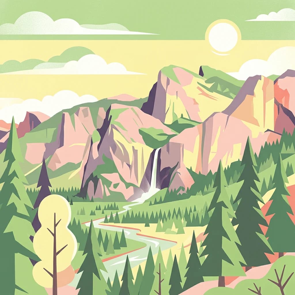 Illustration showing a mountain range with a waterfall, winding river, and pine forests under a bright sun with clouds.