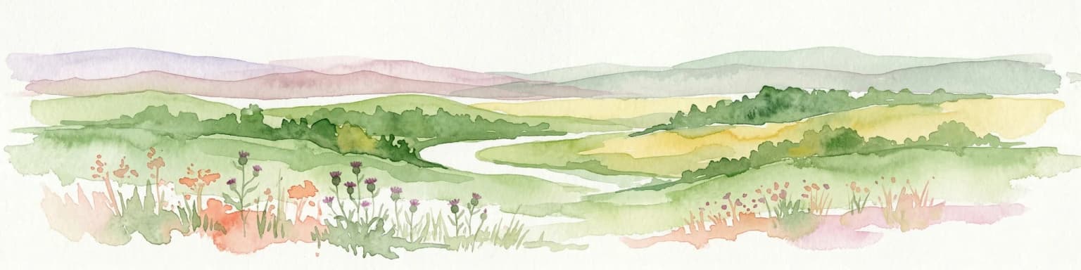 Watercolor depiction of a river delta with green fields, a winding river, wildflowers, and distant hills