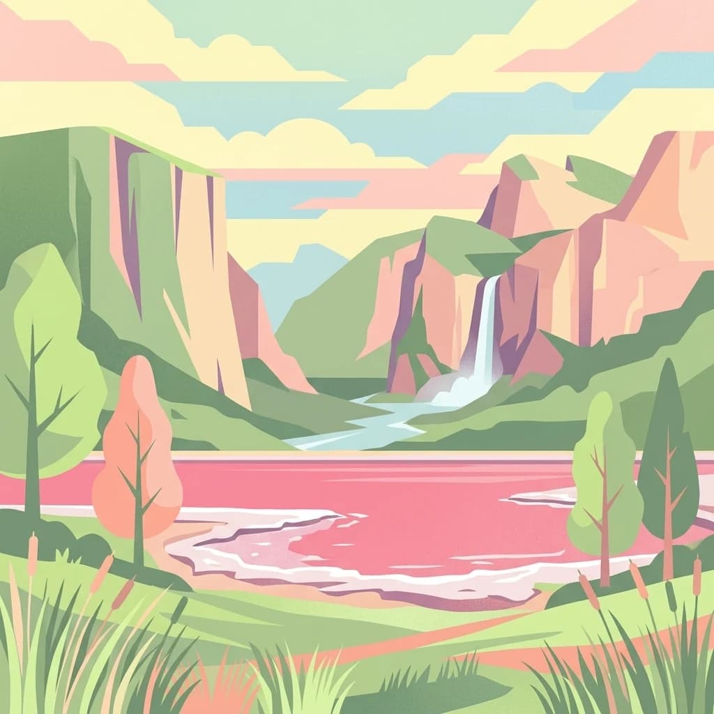 Stylized illustration showing a mountain landscape with a waterfall flowing into a pink lake, surrounded by trees and grasses.