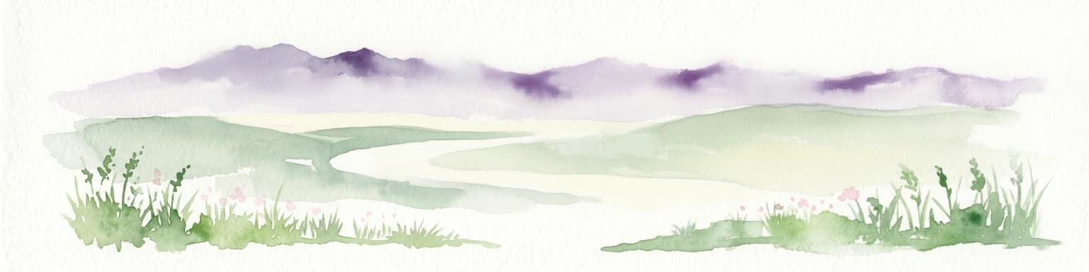 Watercolor illustration showing a wetland area with green vegetation, a winding water body, and purple-hued mountains in the background