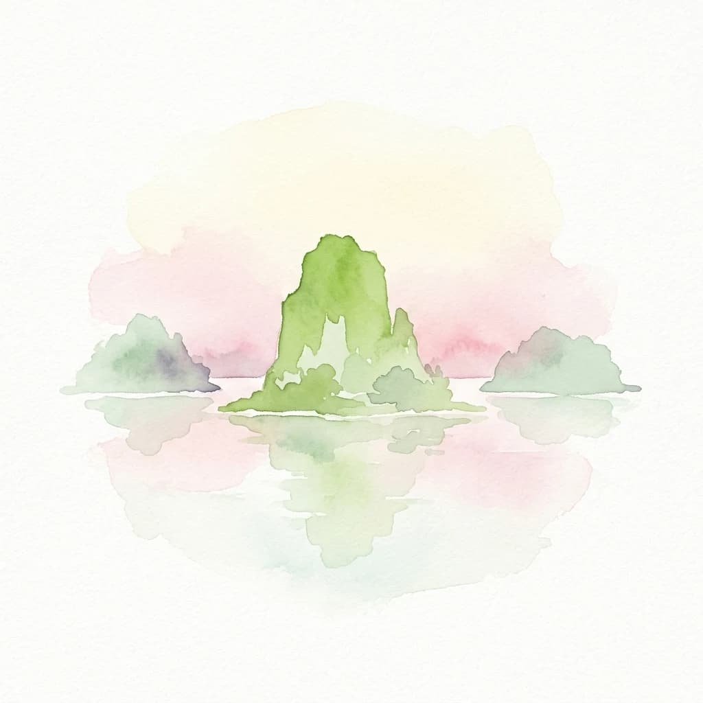 Watercolor painting of a lake with three green islands reflecting in calm water against a pink and yellow sky