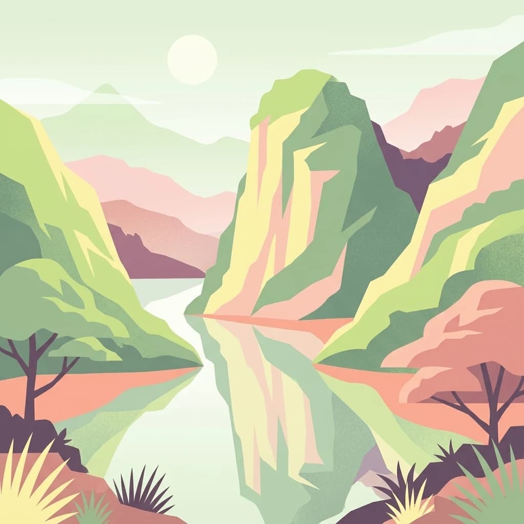 Ilustración estilizada de un lago rodeado de montañas verdes y rosáceas, con árboles y vegetación en primer plano